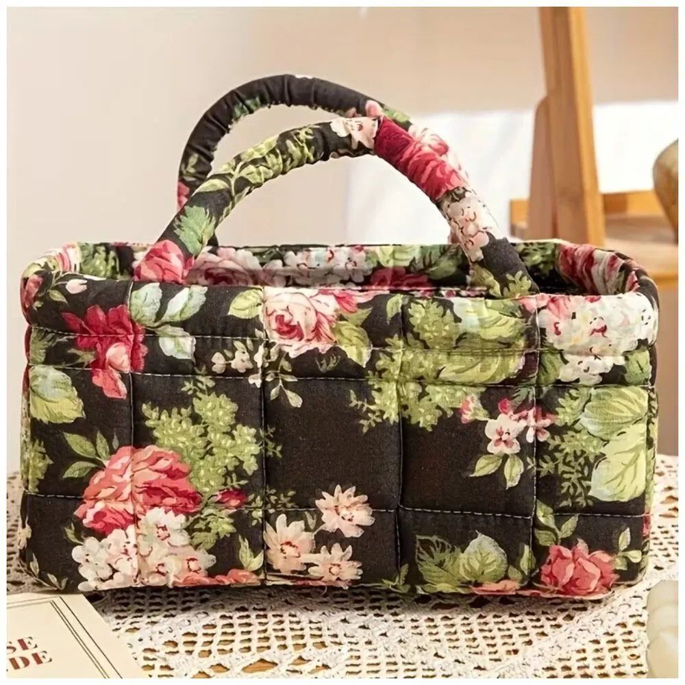 Vintage Floral Quilted Storage Basket Fabric Organizer Bin with Handles